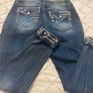 Miss Me Dark Blue Skinny Jeans with Embellished Pockets. With stripes and stars